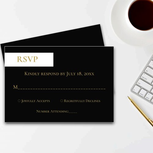Elegant Classy Black White Gold Modern Wedding RSVP Card