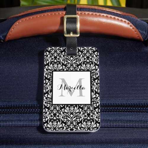 Elegant Classy Black White Monogram Damask Custom Luggage Tag