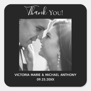 Elegant Classy Black White Photo Wedding Thank You Square Sticker