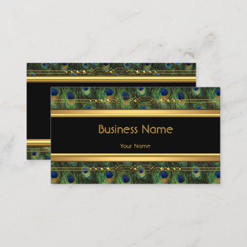 Elegant Classy Black Yellow Gold Peacock Blue Business Card