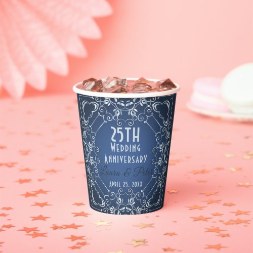 Elegant Classy Blue and Silver Wedding Anniversary Paper Cups