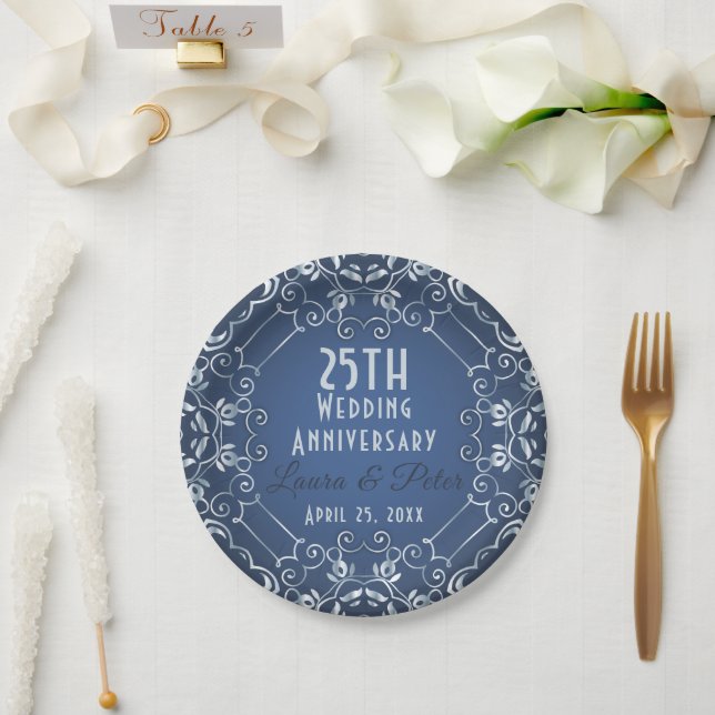 Elegant Classy Blue and Silver Wedding Anniversary Paper Plates (Wedding)