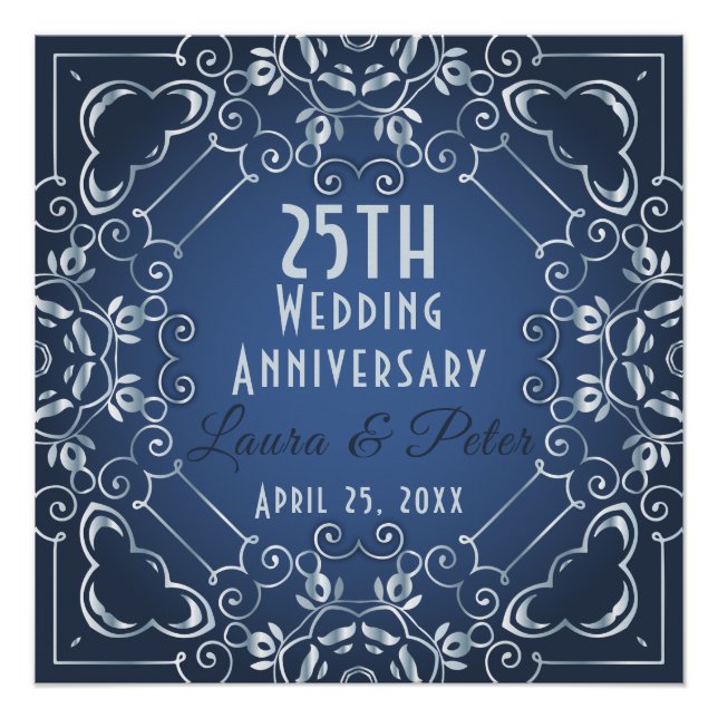 Elegant Classy Blue and Silver Wedding Anniversary Poster (Front)