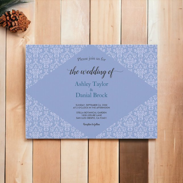 Elegant Classy Blue Damask Script Formal Wedding Invitation (Creator Uploaded)