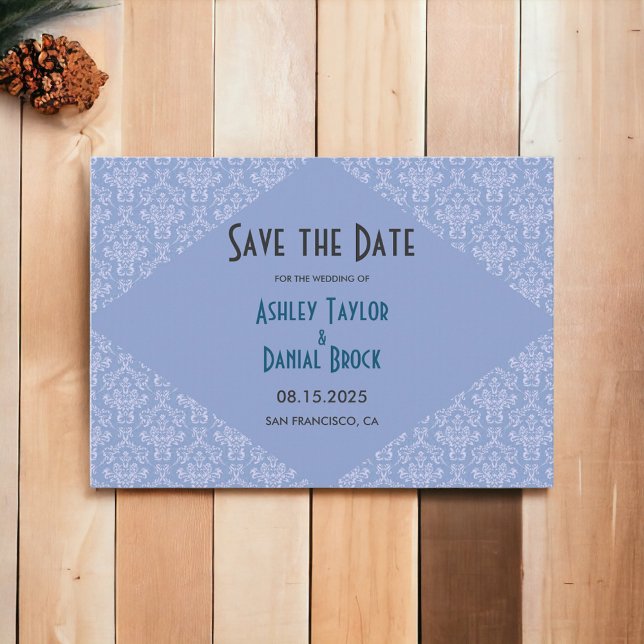 Elegant Classy Blue Damask Script Formal Wedding Save The Date (Creator Uploaded)