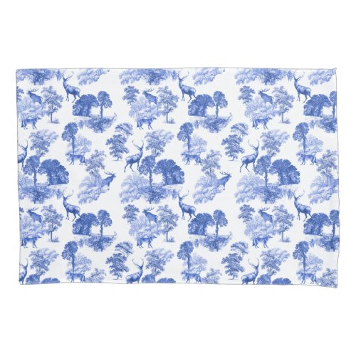 Elegant Classy Blue French Toile Deer Fox Forest  Pillow Case