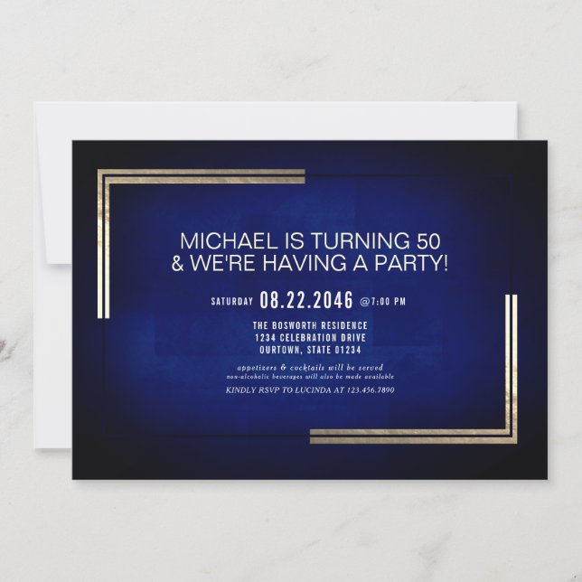 Elegant Classy Blue/Gold Birthday Party  Invitation (Front)