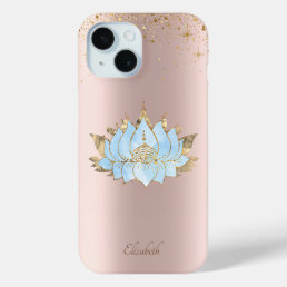 Elegant Classy Blue Lotus Flower Rose Gold iPhone 15 Case