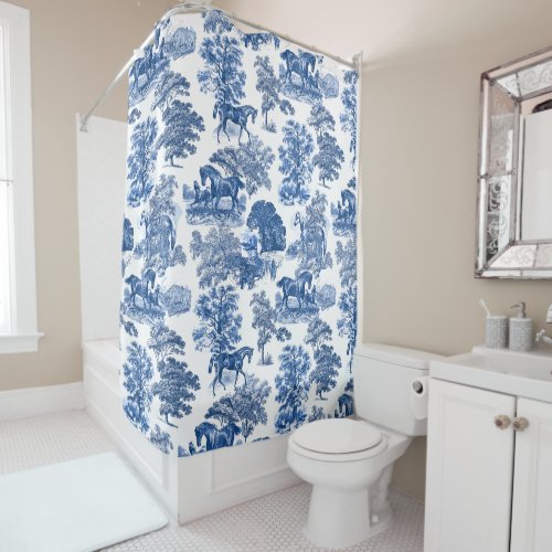 Elegant Classy Blue Rustic Horses Toile Shower Curtain