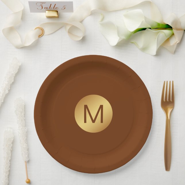 Elegant Classy Brown & Gold Initial Name  Paper Plates (Wedding)