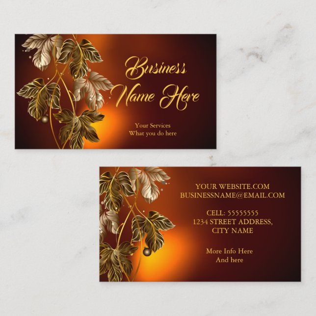Elegant Classy Brown Gold Leaves Bronze Glow Business Card (Front/Back)