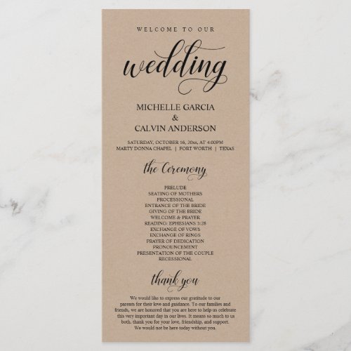 Elegant Classy Brown Kraft Wedding Ceremony Program