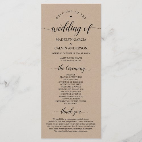 Elegant Classy Brown Kraft Wedding Ceremony Program