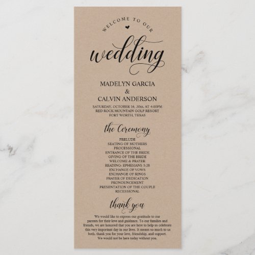 Elegant Classy Brown Rustic Kraft Wedding Ceremony Program