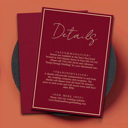 Elegant Classy Burgundy Gold Chic Wedding Details Enclosure Card