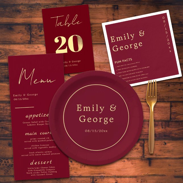 Elegant Classy Burgundy Gold Modern Chic Wedding Paper Plates (Creator Uploaded)