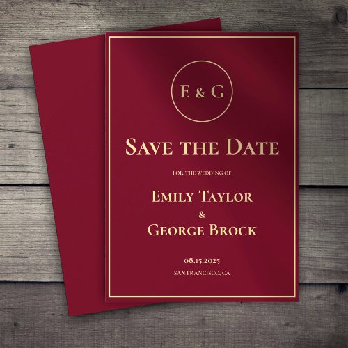 Elegant Classy Burgundy Gold Monogram Chic Wedding Save The Date