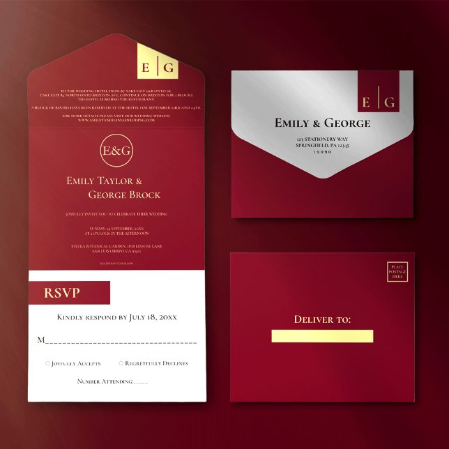 Elegant Classy Burgundy Gold Monogram Wedding All In One Invitation (Creator Uploaded)