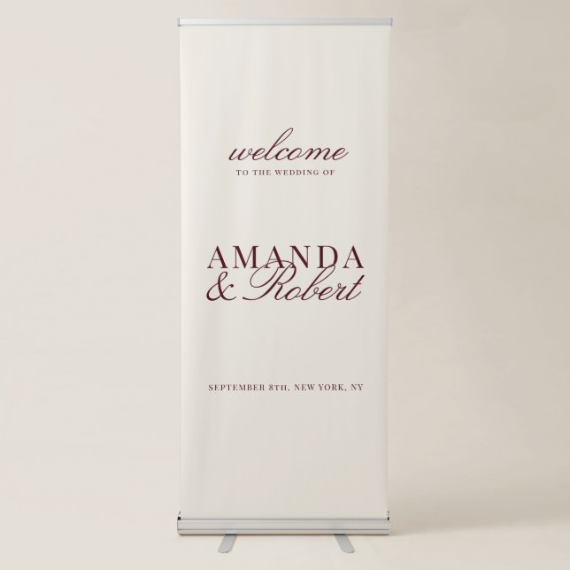 Elegant Classy Burgundy Wedding Welcome Retractable Banner (Front)