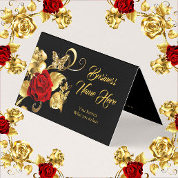 Elegant Classy Butterfly Red Rose Black Gold  Business Card