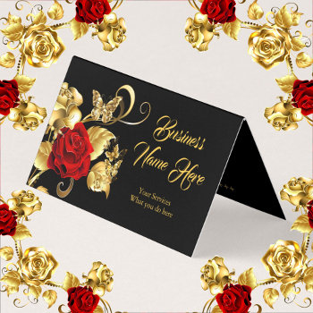 Elegant Classy Butterfly Red Rose Black Gold  Business Card by Zizzago at Zazzle