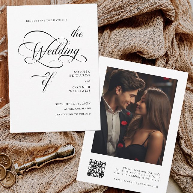 Elegant Classy Calligraphy Wedding QR Code Save The Date (Front & Back)