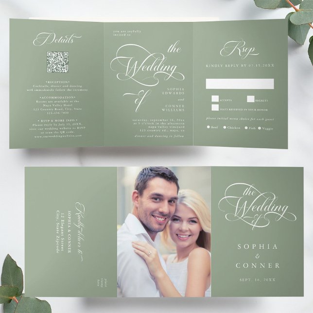 Elegant Classy Calligraphy Wedding Sage Green Tri-Fold Invitation (Inside & Outside)