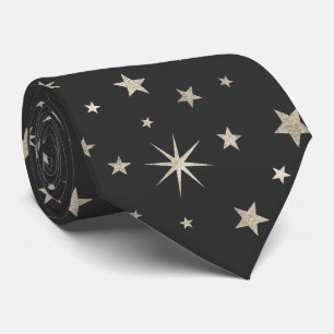Elegant Classy Charcoal Grey Silver Stars Monogram Neck Tie