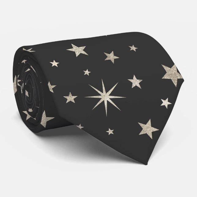 Elegant Classy Charcoal Grey Silver Stars Monogram Neck Tie (Rolled)
