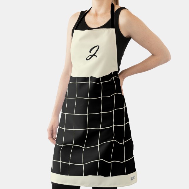 Elegant Classy Chic Black Cream Grid Boho Pattern Apron (Insitu)
