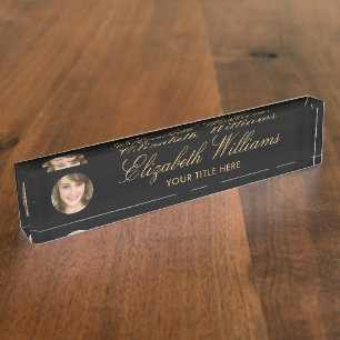 Elegant Classy Circle Photo Black Script Gold Desk Name Plate