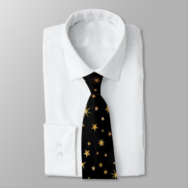 Elegant Classy Custom Monogram Black and Gold Star Neck Tie (Tied)