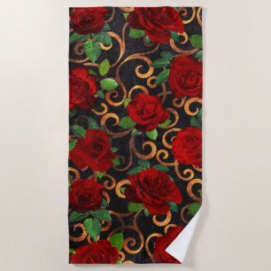 Elegant Classy Damask Vintage Chic Black Red Roses Beach Towel