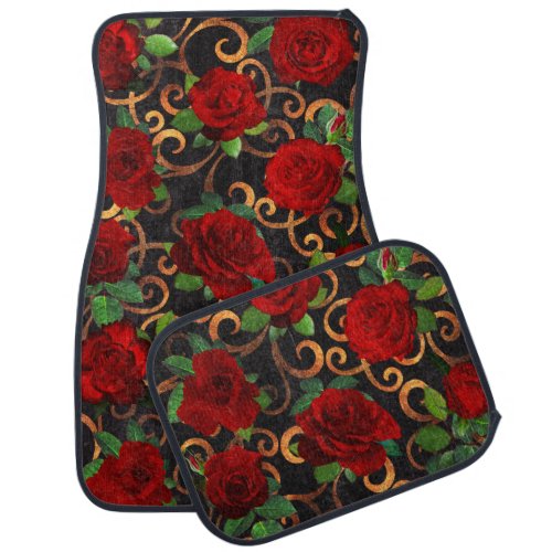 Elegant Classy Damask Vintage Chic Black Red Roses Car Floor Mat