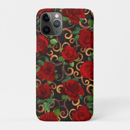 Elegant Classy Damask Vintage Chic Black Red Roses iPhone 11 Pro Case