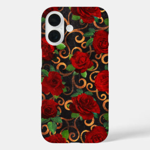 Elegant Classy Damask Vintage Chic Black Red Roses iPhone 16 Case