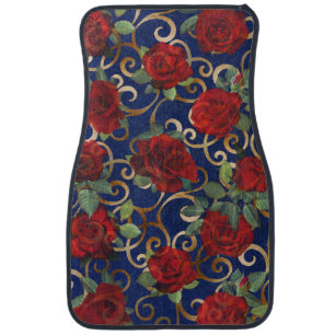 Elegant Classy Damask Vintage Red Rose Navy Blue Car Floor Mat