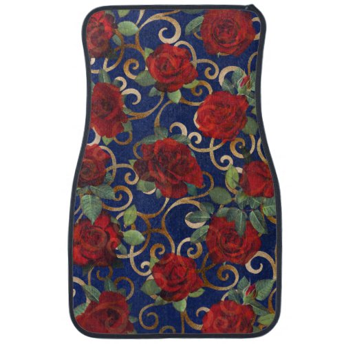   Elegant Classy Damask Vintage Red Rose Navy Blue Car Floor Mat