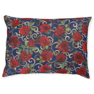 Elegant Classy Damask Vintage Red Rose Navy Blue Pet Bed
