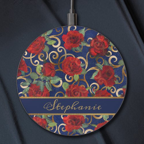   Elegant Classy Damask Vintage Red Rose Navy Blue Wireless Charger