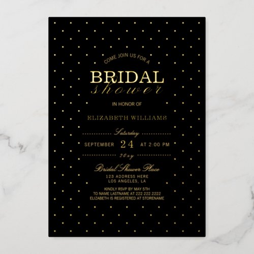 Elegant Classy Dots Black Bridal Shower Real Gold Foil Invitation