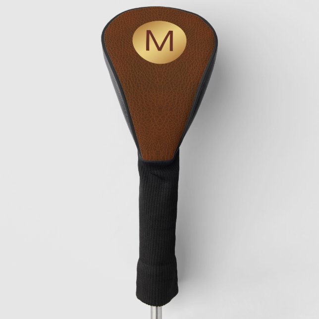 Elegant Classy Faux Brown Leather & Gold Initial Golf Head Cover (Front)