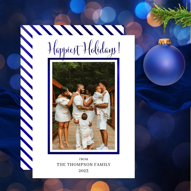 Elegant Classy Faux Foil Photo Happiest Holidays Holiday Card (Wish your friends and family "Happiest Holidays" with this royal blue photo design!)