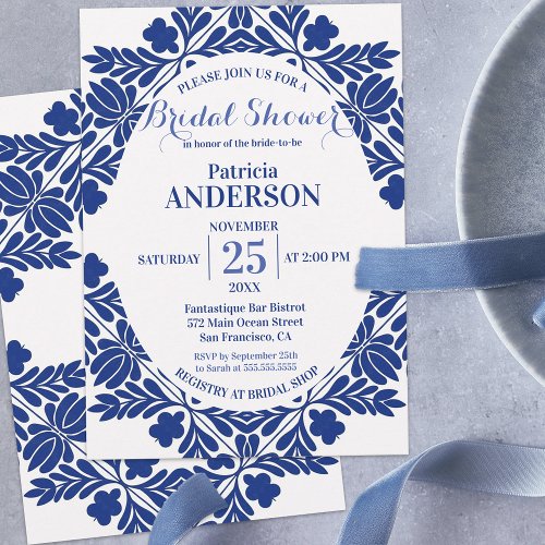 Elegant Classy Floral Blue and White Bridal Shower Invitation