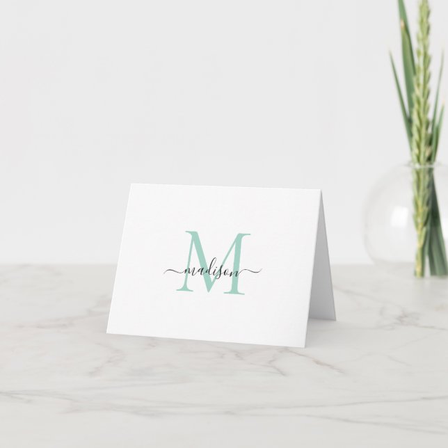 Elegant Classy Girly Script Monogram Teal Green Note Card (Front)