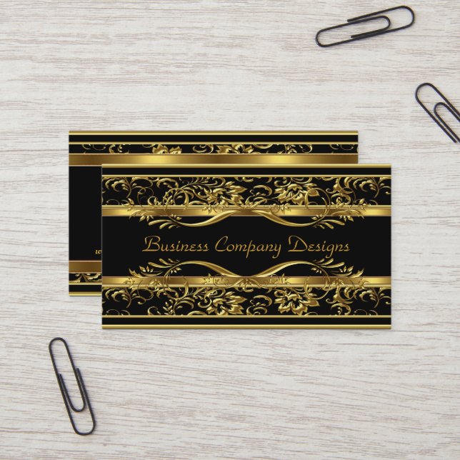 Elegant Classy Gold Black Damask Embossed Look Business Card (Front/Back In Situ)