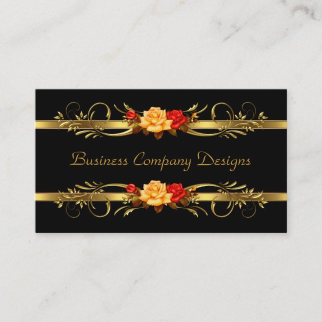 Elegant Classy Gold Black Red Roses Business Card (Front)