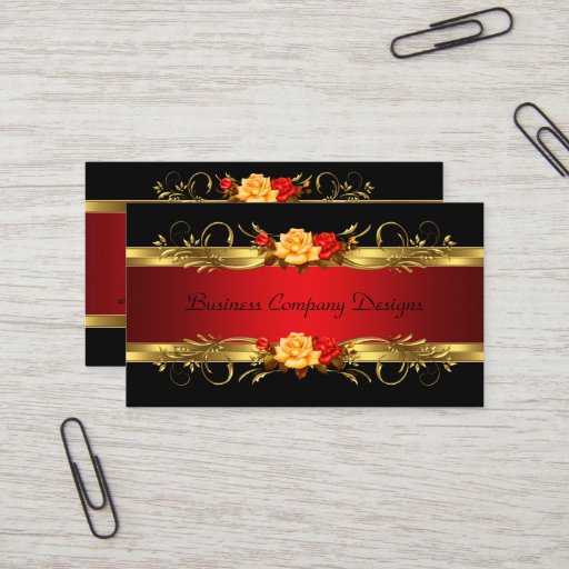Customizable Elegant Classy Gold Black Red Roses Business Card Templates
