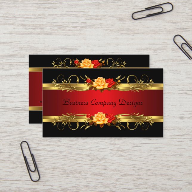 Elegant Classy Gold Black Red Roses Business Card (Front/Back In Situ)