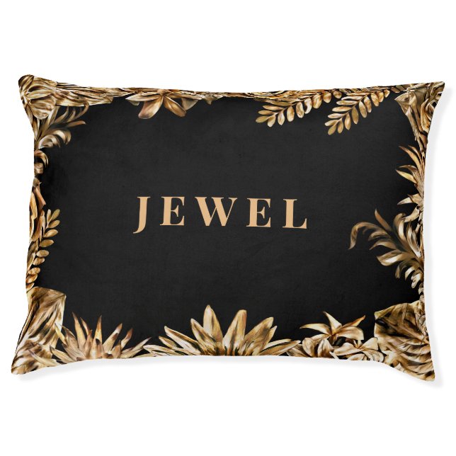 Elegant Classy Gold Flowers Chic Black Luxury Dog Pet Bed (Front)